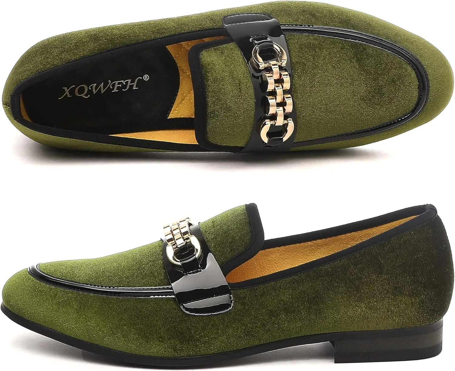 Men's Velvet Loafers,Mens Dress Shoes with Gold Chain, Slip On Flats Smoking Slippers Penny Shoes for Men