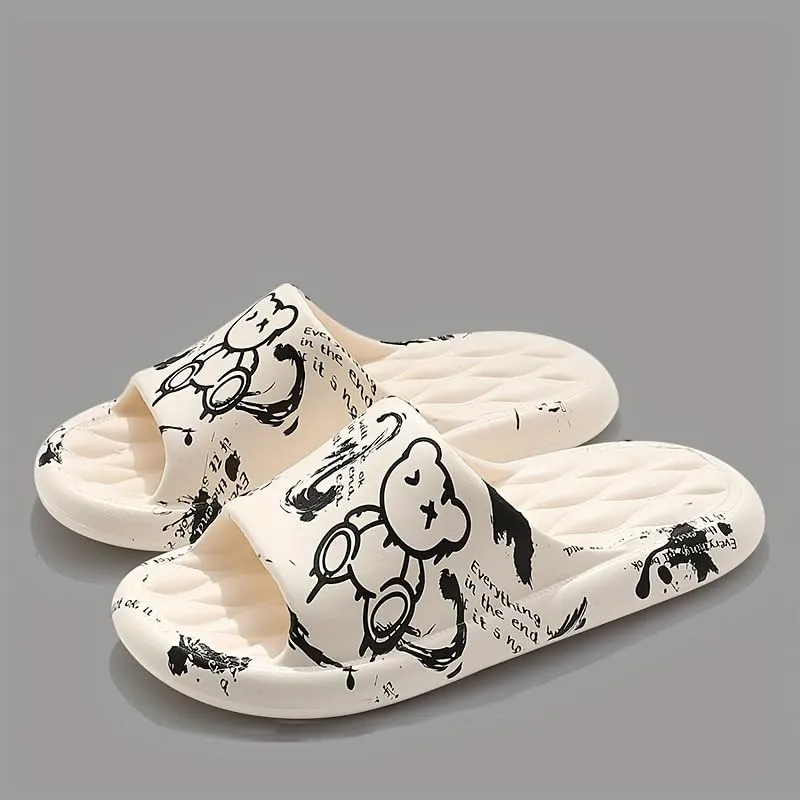 Men's Women Kids Trendy Flower Print Slip On Platform Slides, Unisex Casual Open Toe Anti-Skid Slippers for Indoor Outdoor Bathroom