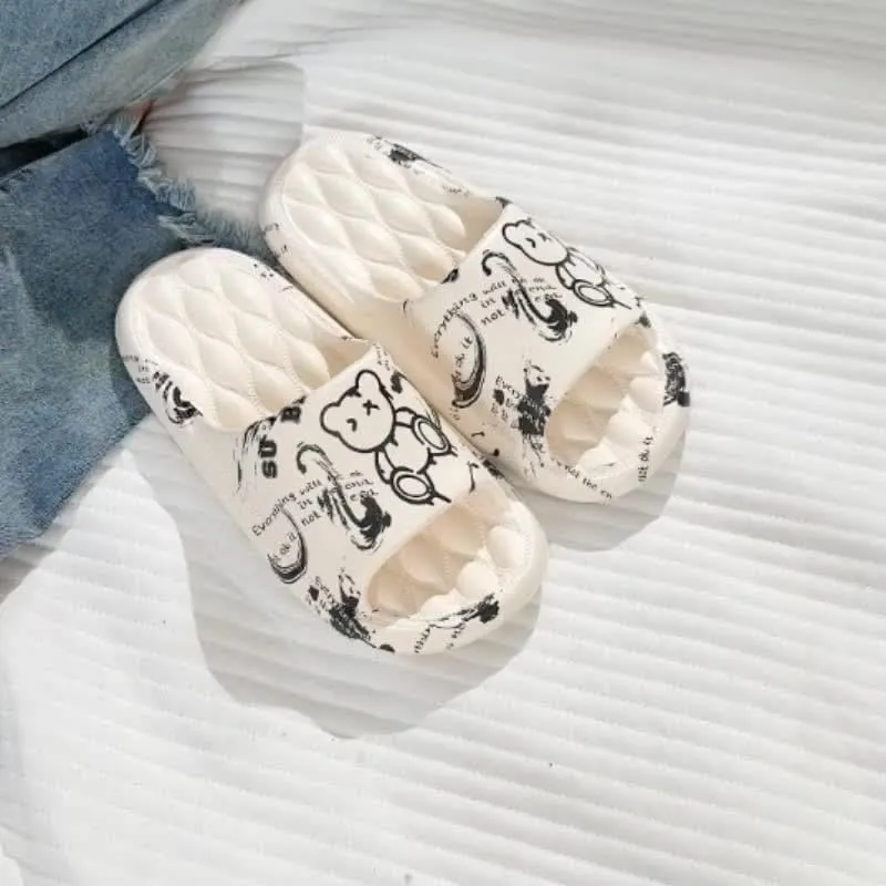 Men's Women Kids Trendy Flower Print Slip On Platform Slides, Unisex Casual Open Toe Anti-Skid Slippers for Indoor Outdoor Bathroom