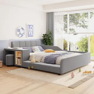 Merax Full Size Upholstered Grounded Bed, Mother & Child Bed with Bedside Desk and Little Round Stool, Velvet, Gray