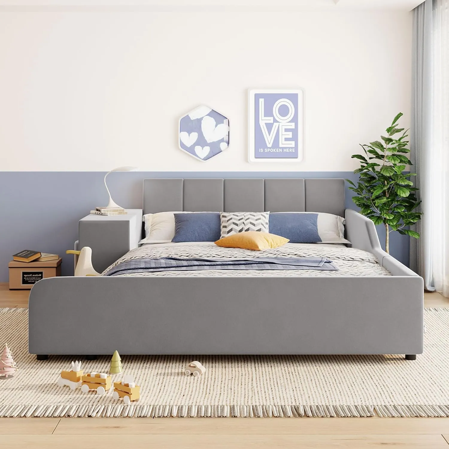 Merax Full Size Upholstered Grounded Bed, Mother & Child Bed with Bedside Desk and Little Round Stool, Velvet, Gray