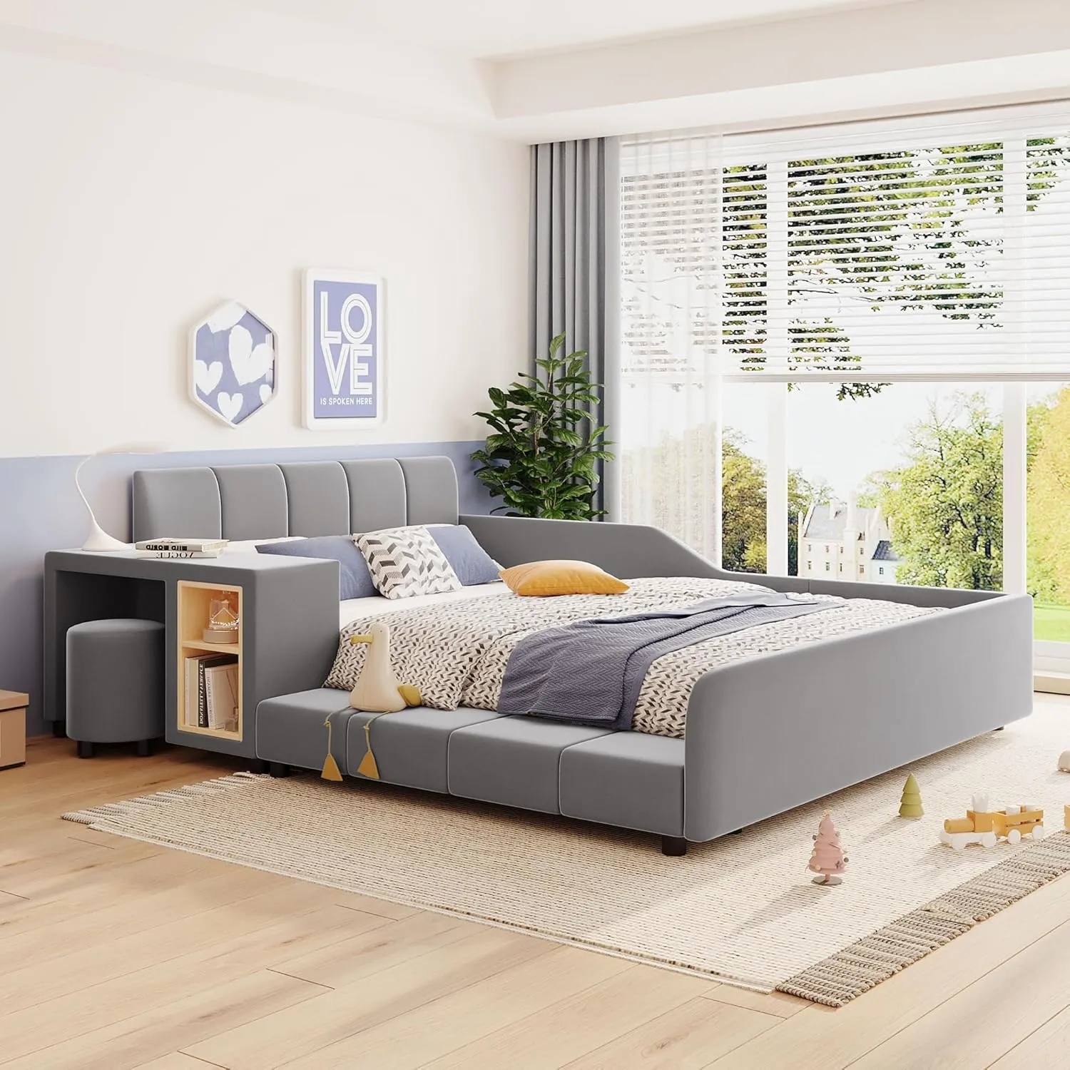 Merax Full Size Upholstered Grounded Bed, Mother & Child Bed with Bedside Desk and Little Round Stool, Velvet, Gray