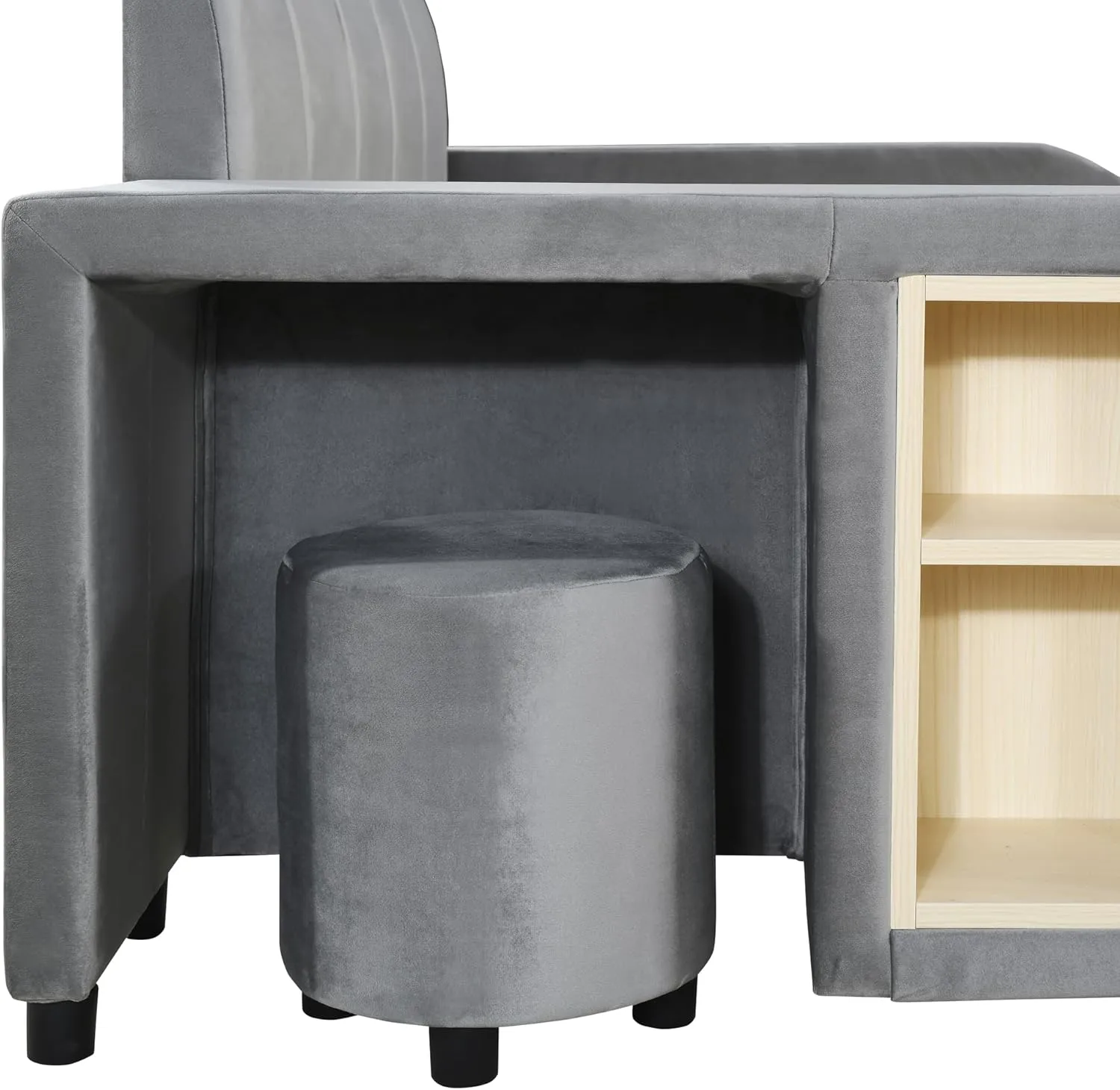 Merax Full Size Upholstered Grounded Bed, Mother & Child Bed with Bedside Desk and Little Round Stool, Velvet, Gray