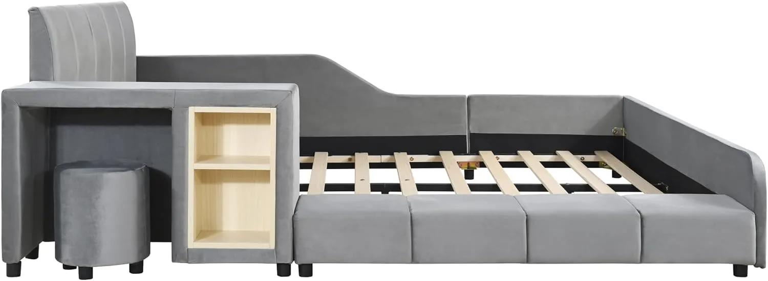 Merax Full Size Upholstered Grounded Bed, Mother & Child Bed with Bedside Desk and Little Round Stool, Velvet, Gray