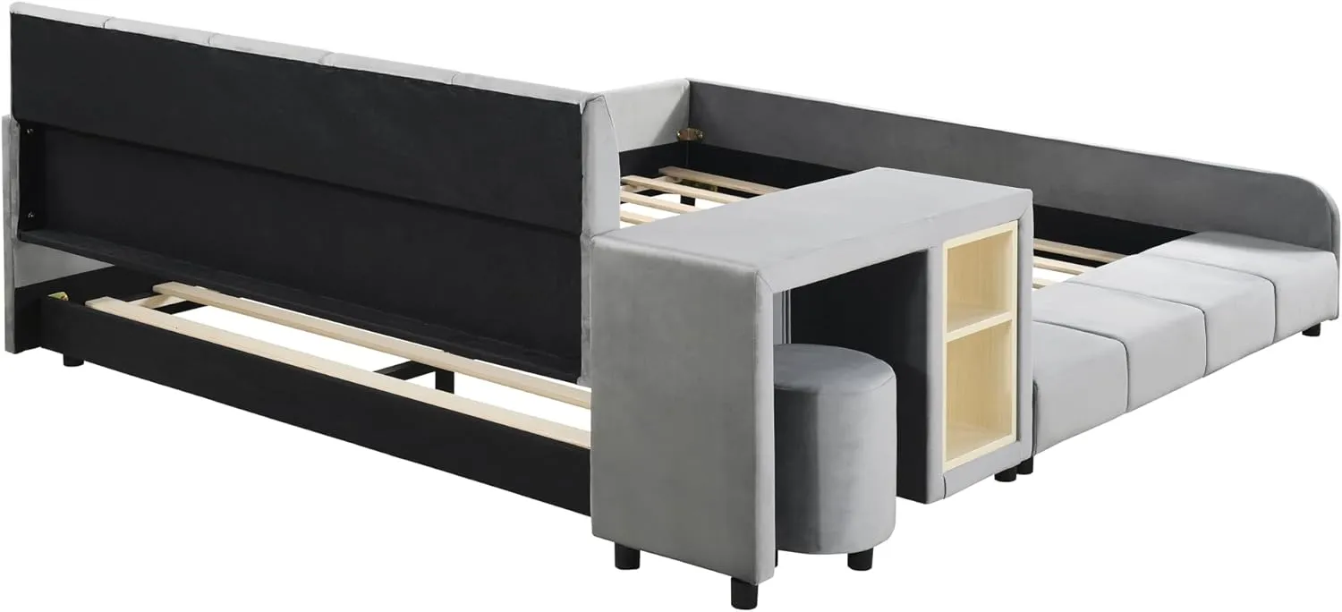 Merax Full Size Upholstered Grounded Bed, Mother & Child Bed with Bedside Desk and Little Round Stool, Velvet, Gray