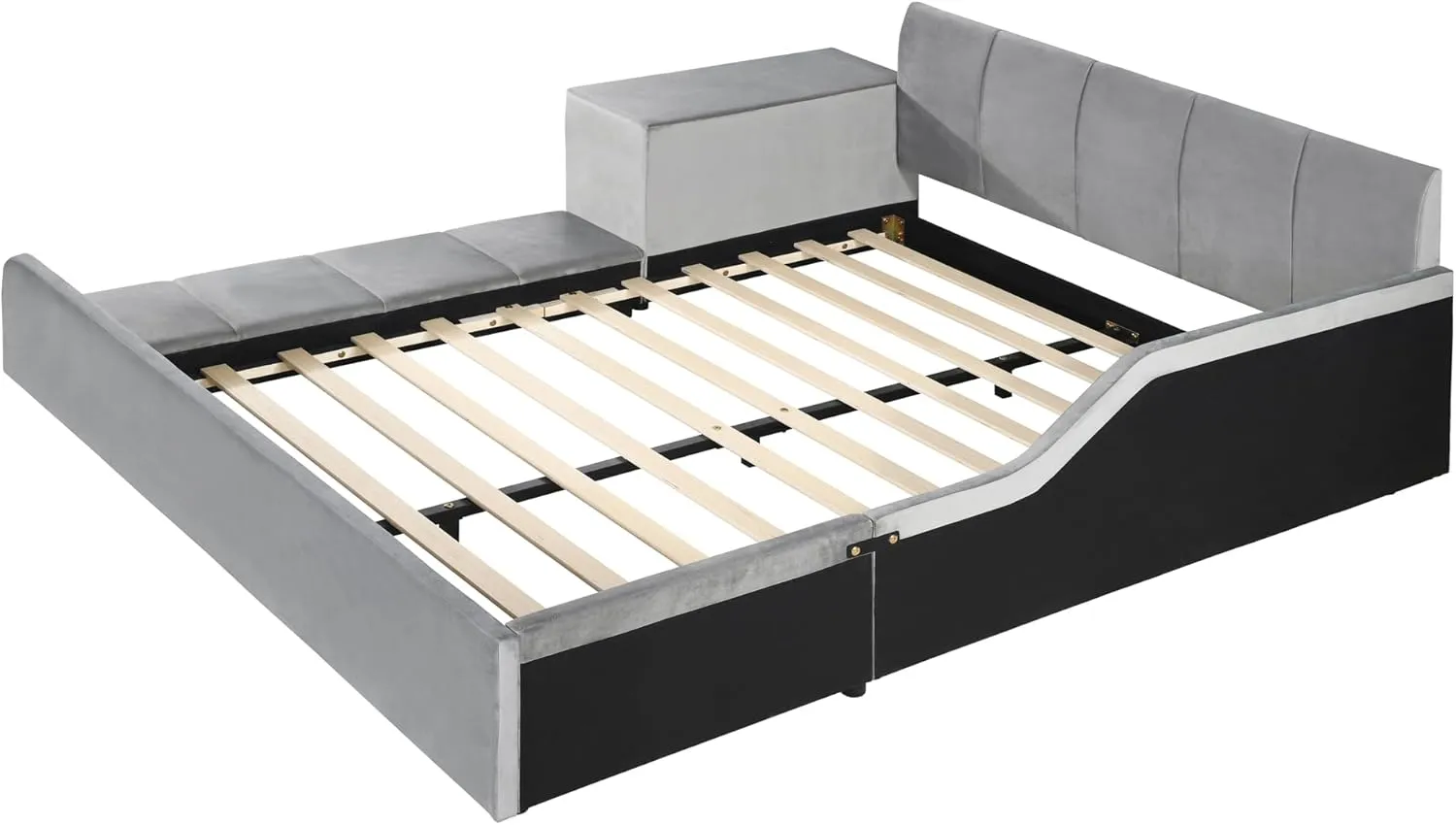 Merax Full Size Upholstered Grounded Bed, Mother & Child Bed with Bedside Desk and Little Round Stool, Velvet, Gray