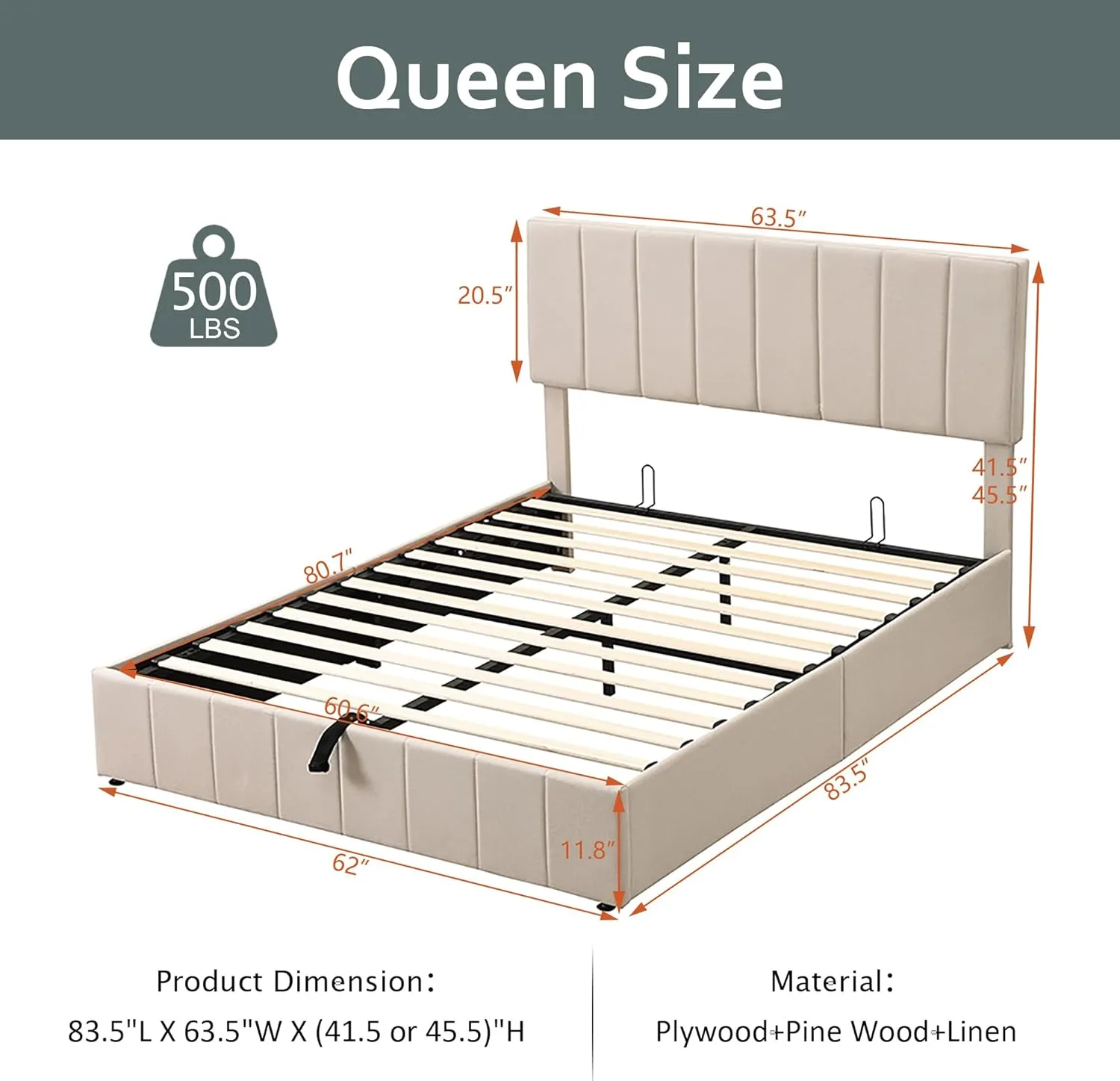 Merax Gas Lift Up Storage Bed, Upholstered Bed Frame with Hydraulic Storage System and Wooden Slat Support, Space-Saving Design, No Box Spring Required, Queen Size, Beige