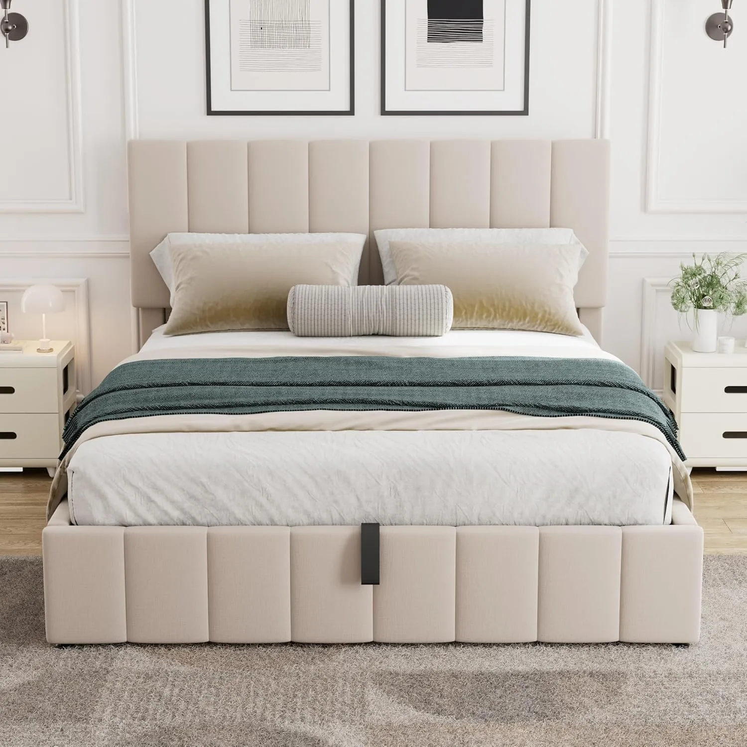 Merax Gas Lift Up Storage Bed, Upholstered Bed Frame with Hydraulic Storage System and Wooden Slat Support, Space-Saving Design, No Box Spring Required, Queen Size, Beige