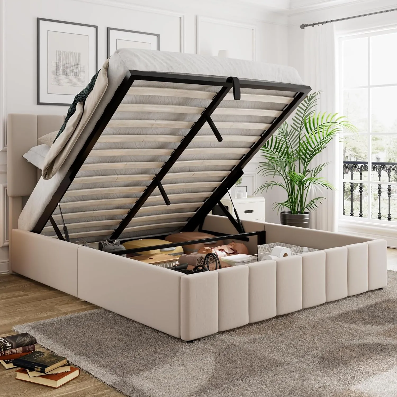 Merax Gas Lift Up Storage Bed, Upholstered Bed Frame with Hydraulic Storage System and Wooden Slat Support, Space-Saving Design, No Box Spring Required, Queen Size, Beige