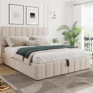Merax Gas Lift Up Storage Bed, Upholstered Bed Frame with Hydraulic Storage System and Wooden Slat Support, Space-Saving Design, No Box Spring Required, Queen Size, Beige