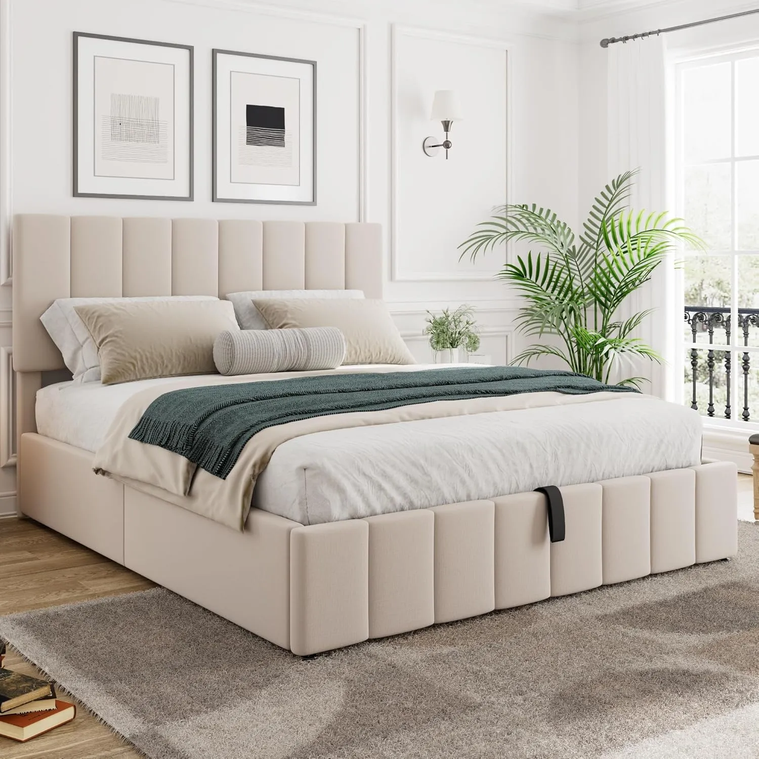Merax Gas Lift Up Storage Bed, Upholstered Bed Frame with Hydraulic Storage System and Wooden Slat Support, Space-Saving Design, No Box Spring Required, Queen Size, Beige
