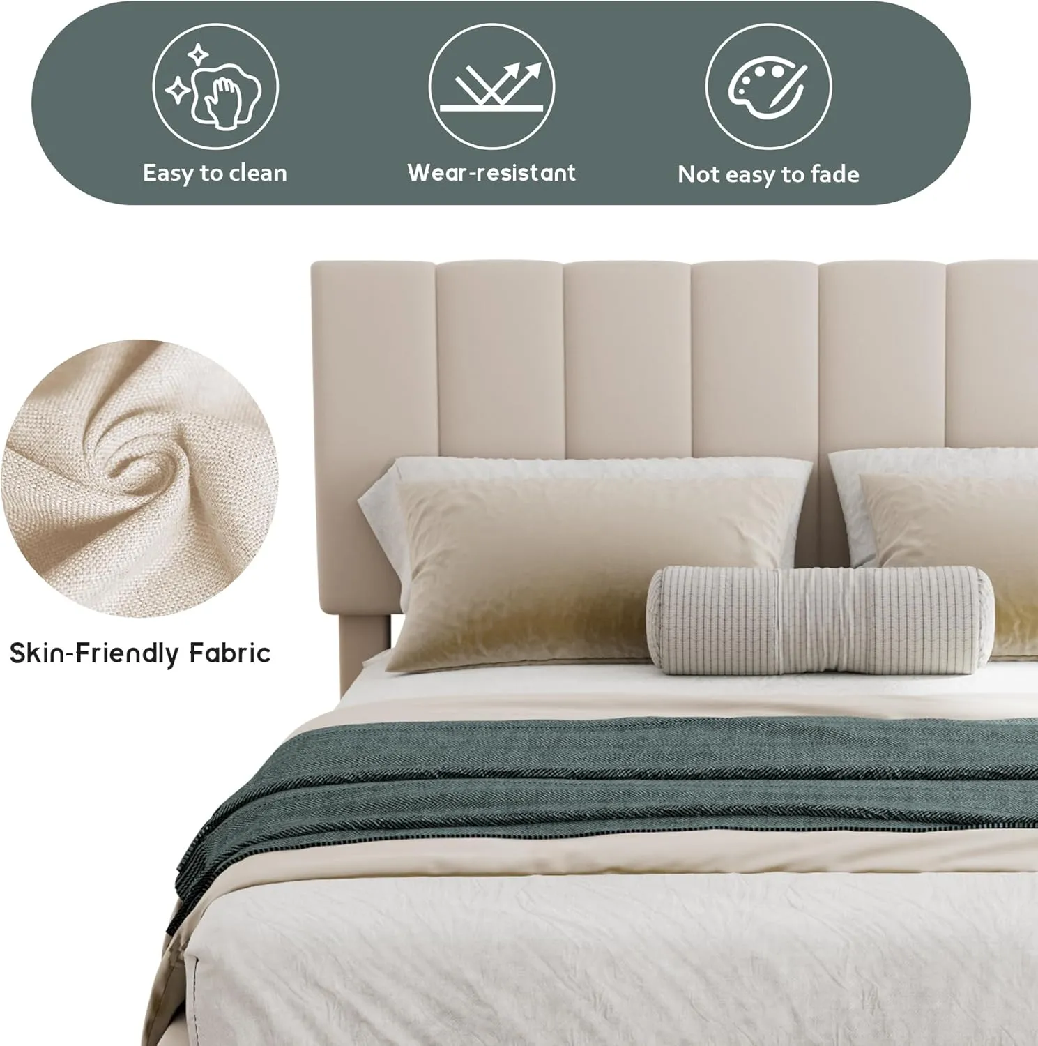 Merax Gas Lift Up Storage Bed, Upholstered Bed Frame with Hydraulic Storage System and Wooden Slat Support, Space-Saving Design, No Box Spring Required, Queen Size, Beige