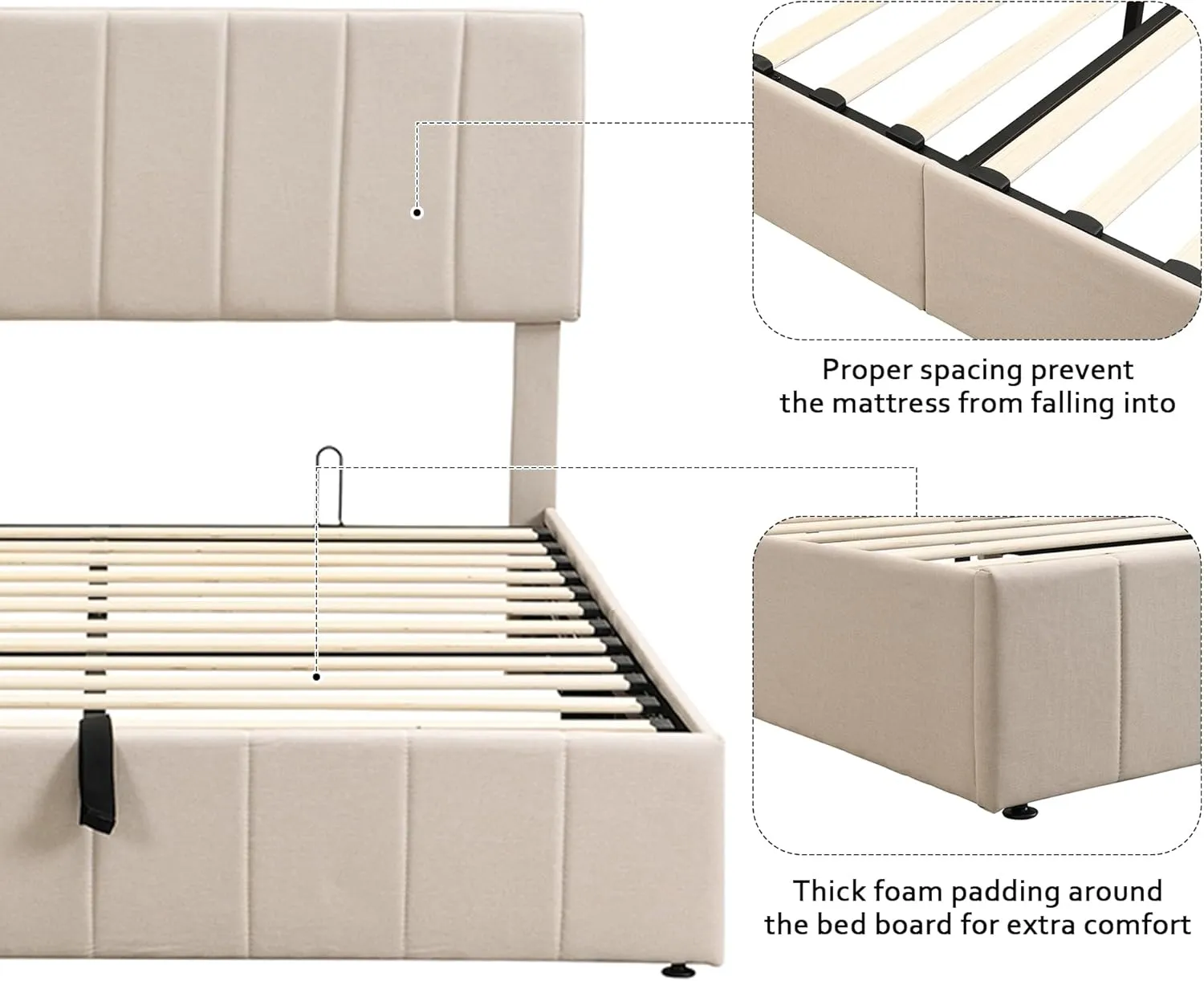 Merax Gas Lift Up Storage Bed, Upholstered Bed Frame with Hydraulic Storage System and Wooden Slat Support, Space-Saving Design, No Box Spring Required, Queen Size, Beige