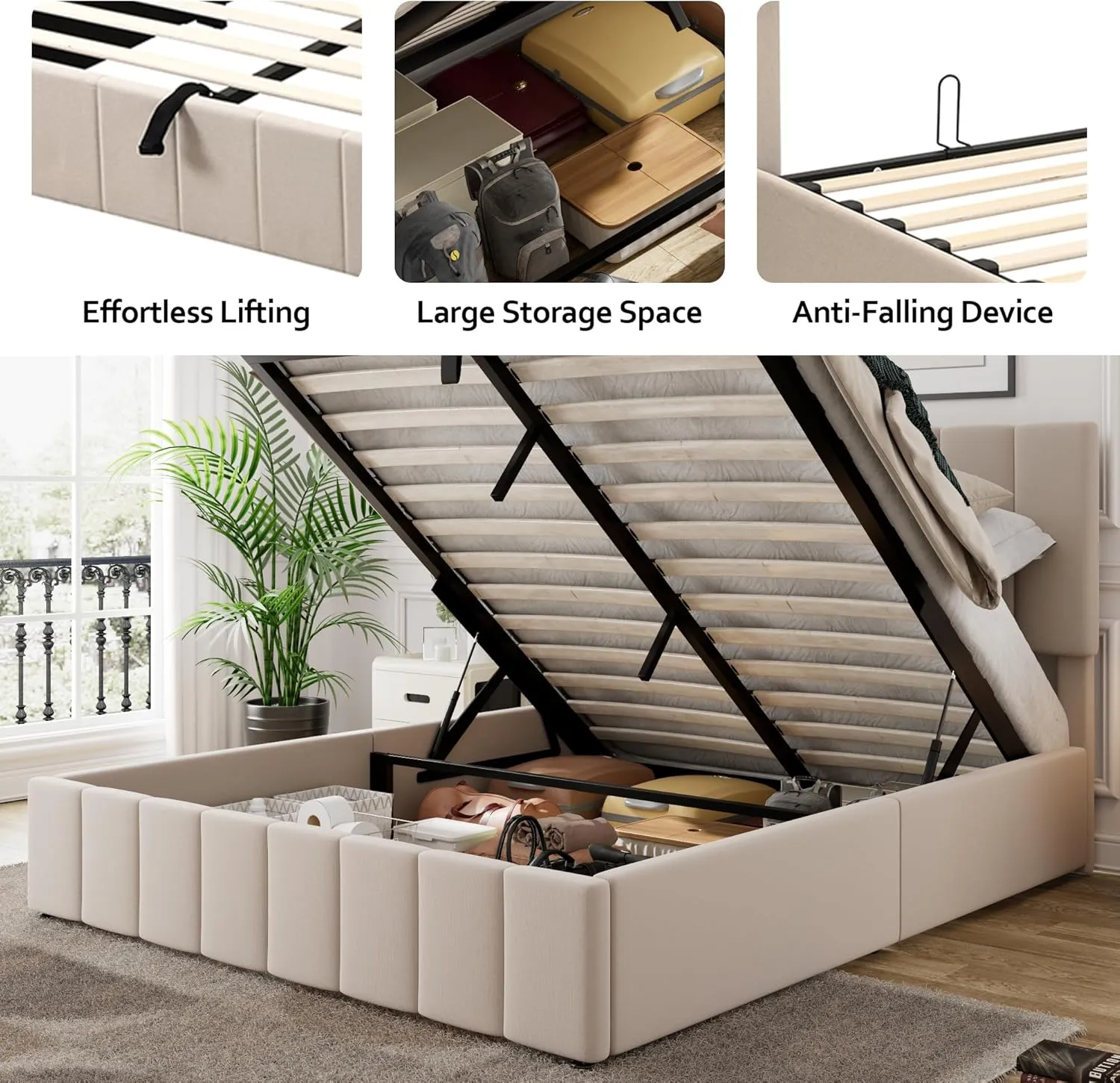 Merax Gas Lift Up Storage Bed, Upholstered Bed Frame with Hydraulic Storage System and Wooden Slat Support, Space-Saving Design, No Box Spring Required, Queen Size, Beige