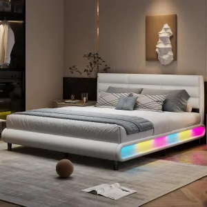 Merax King Size PU Fabric Upholstered Platform Bed with Headboard & 7-Color LED Light Strips, White