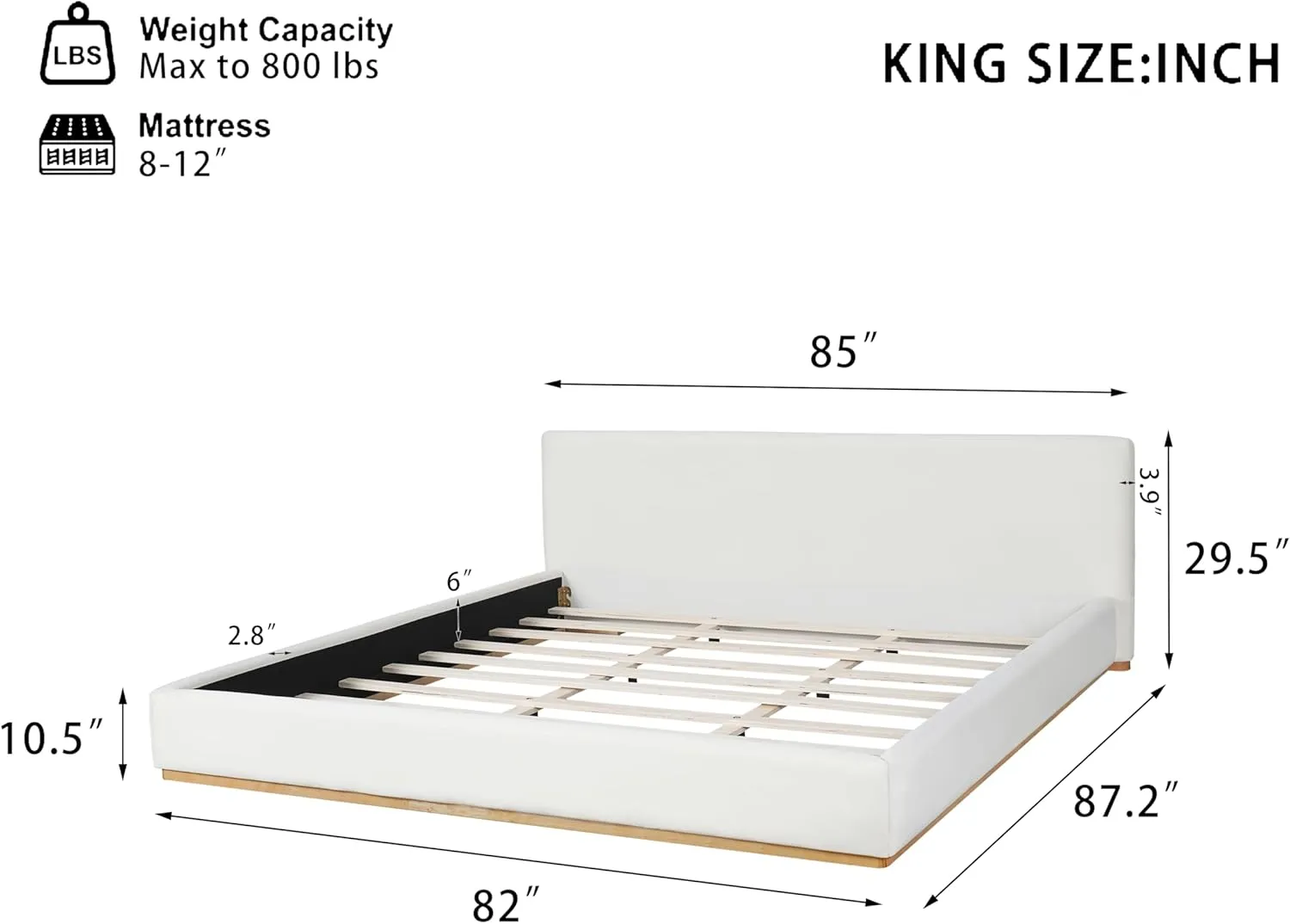 Merax King Size Upholstered Platform Bed with Tall Headboard, Elegant White Bed Frame for Bedroom, Solid Wooden Slats Support, No Box Spring Needed, Easy Assembly