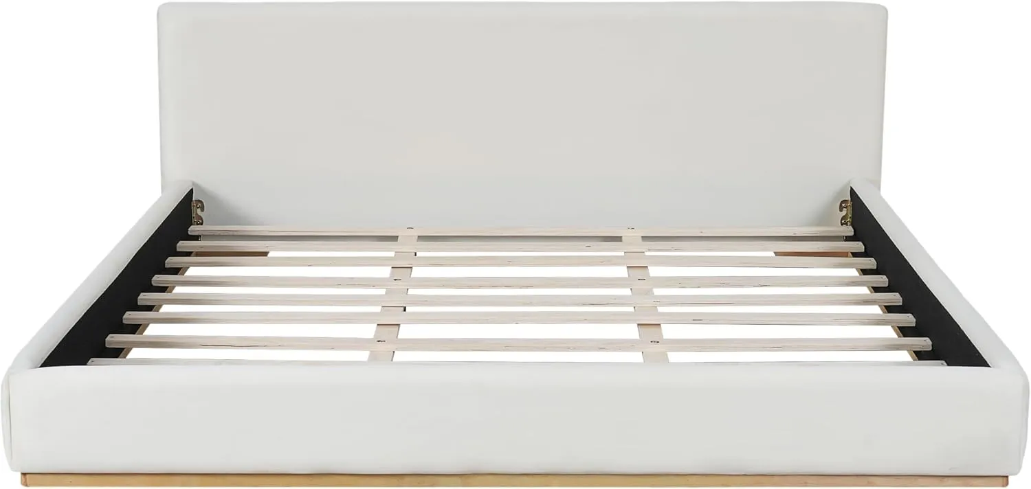 Merax King Size Upholstered Platform Bed with Tall Headboard, Elegant White Bed Frame for Bedroom, Solid Wooden Slats Support, No Box Spring Needed, Easy Assembly