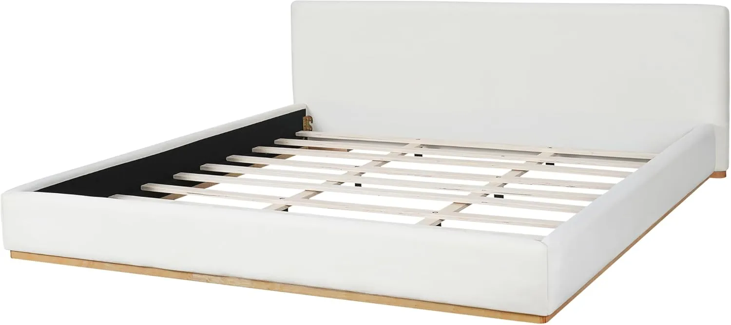 Merax King Size Upholstered Platform Bed with Tall Headboard, Elegant White Bed Frame for Bedroom, Solid Wooden Slats Support, No Box Spring Needed, Easy Assembly