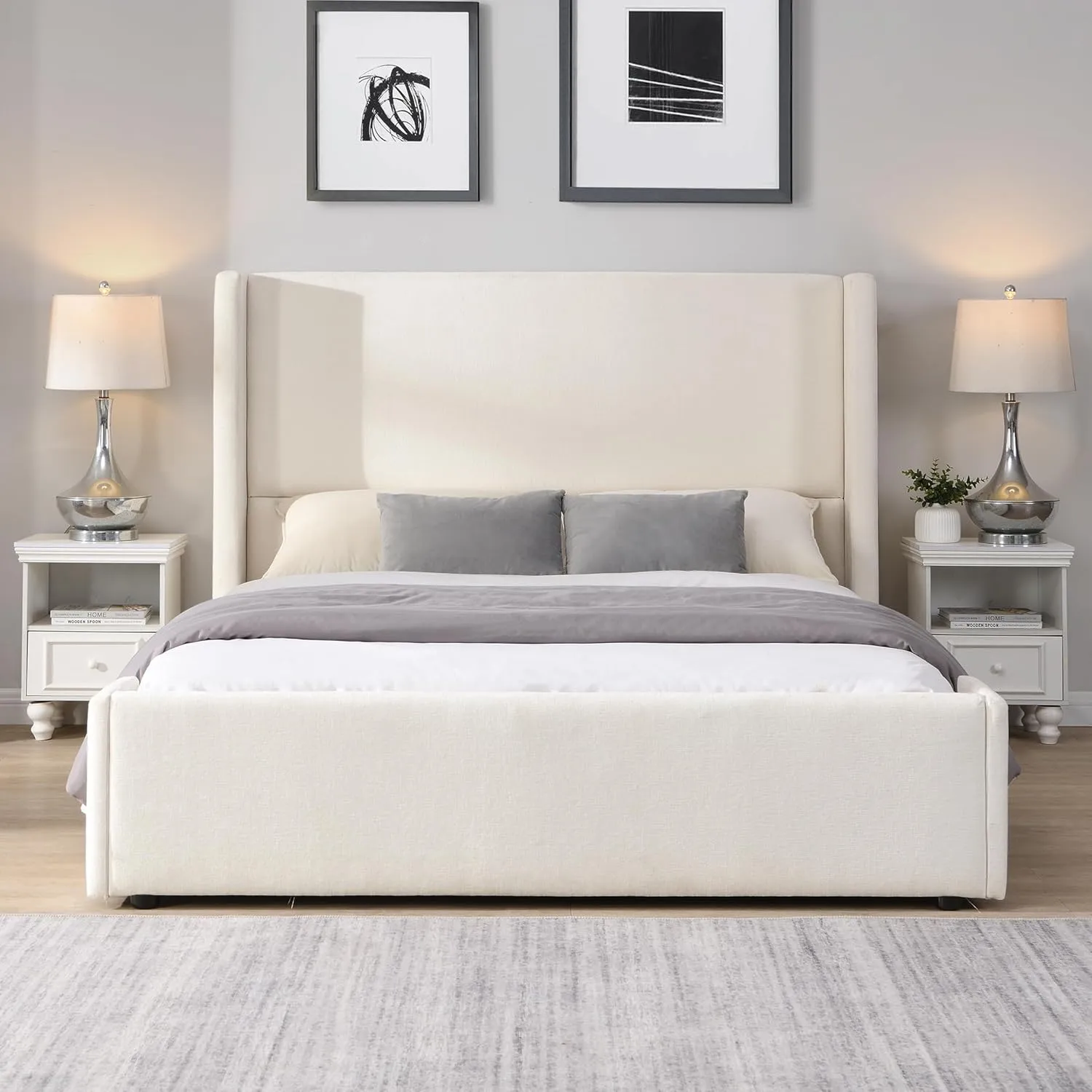 Merax Queen Size Bed Frame, Elegant White Upholstered Platform Bed with 41.1" Tall Wingback Headboard for Bedroom, Solid Wood Slats Support, No Box Spring Needed, Easy Assembly
