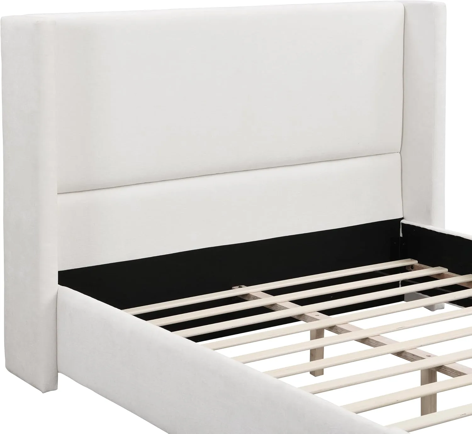 Merax Queen Size Bed Frame, Elegant White Upholstered Platform Bed with 41.1" Tall Wingback Headboard for Bedroom, Solid Wood Slats Support, No Box Spring Needed, Easy Assembly