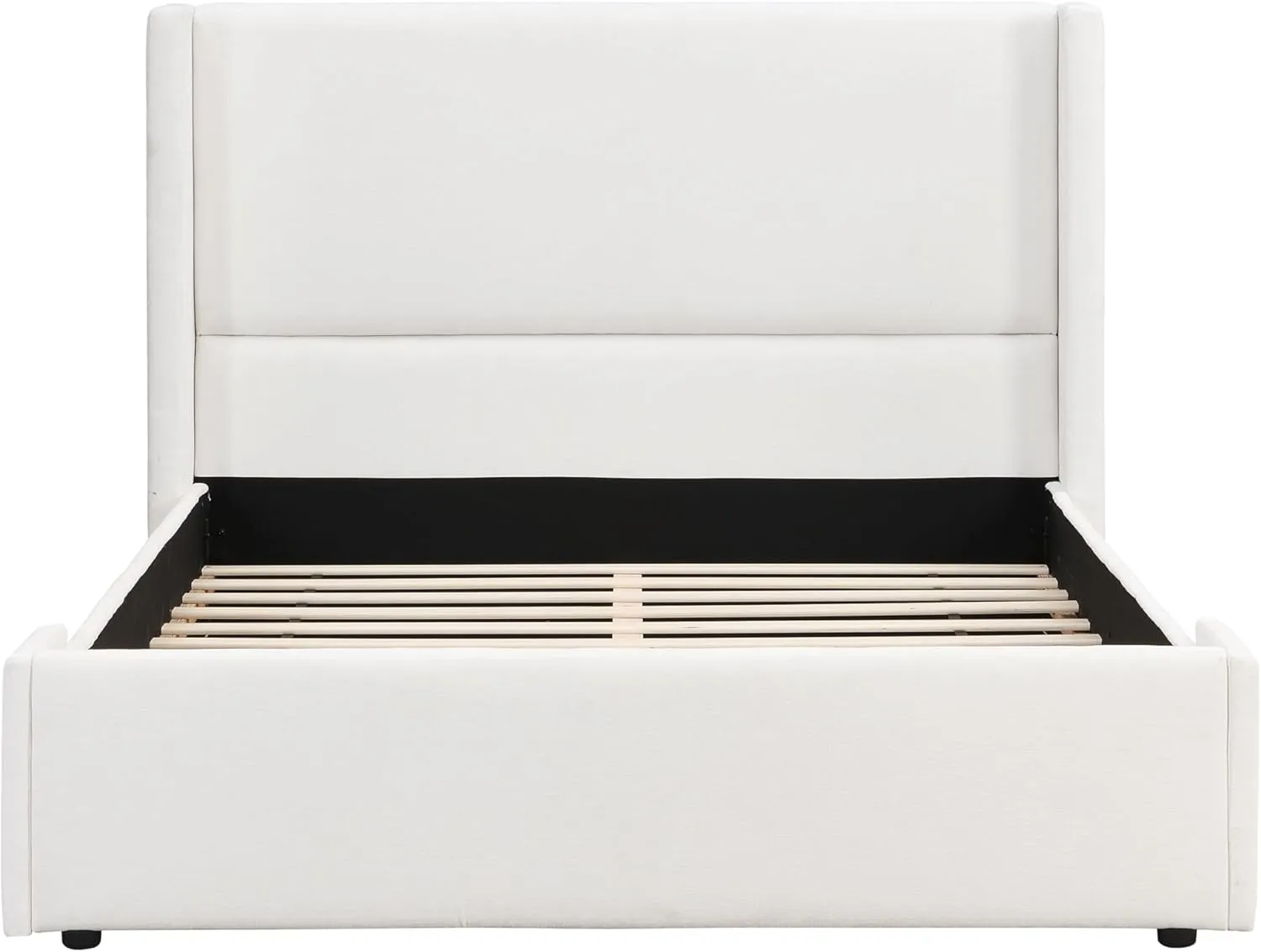 Merax Queen Size Bed Frame, Elegant White Upholstered Platform Bed with 41.1" Tall Wingback Headboard for Bedroom, Solid Wood Slats Support, No Box Spring Needed, Easy Assembly
