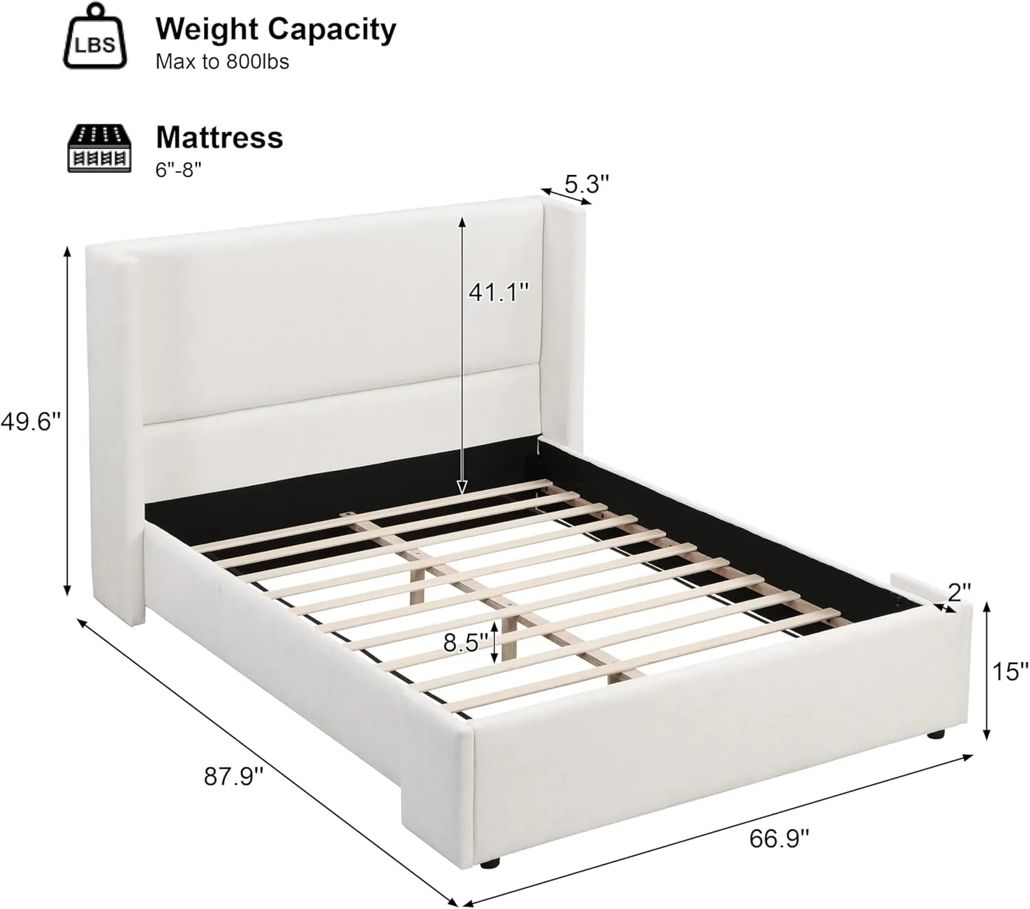 Merax Queen Size Bed Frame, Elegant White Upholstered Platform Bed with 41.1" Tall Wingback Headboard for Bedroom, Solid Wood Slats Support, No Box Spring Needed, Easy Assembly