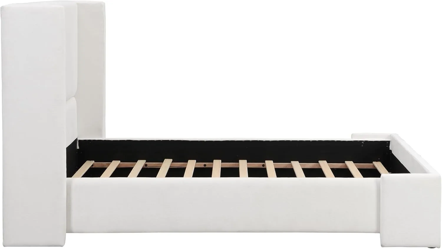 Merax Queen Size Bed Frame, Elegant White Upholstered Platform Bed with 41.1" Tall Wingback Headboard for Bedroom, Solid Wood Slats Support, No Box Spring Needed, Easy Assembly
