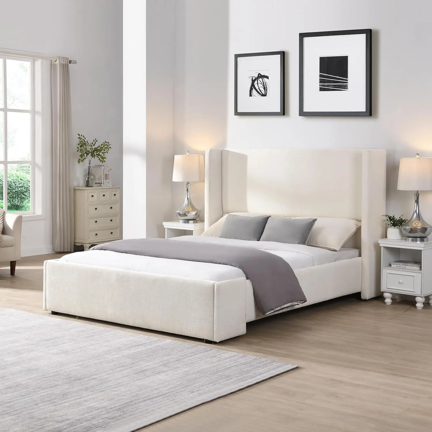 Merax Queen Size Bed Frame, Elegant White Upholstered Platform Bed with 41.1" Tall Wingback Headboard for Bedroom, Solid Wood Slats Support, No Box Spring Needed, Easy Assembly