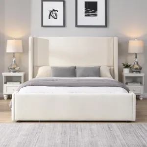 Merax Queen Size Bed Frame, Elegant White Upholstered Platform Bed with 41.1" Tall Wingback Headboard for Bedroom, Solid Wood Slats Support, No Box Spring Needed, Easy Assembly