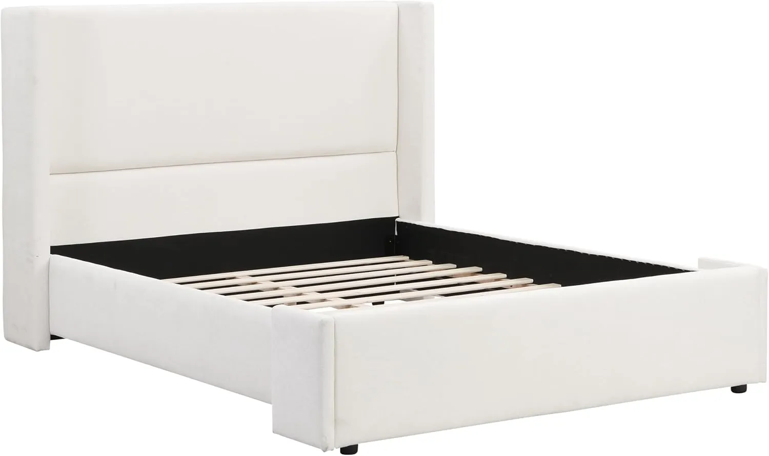 Merax Queen Size Bed Frame, Elegant White Upholstered Platform Bed with 41.1" Tall Wingback Headboard for Bedroom, Solid Wood Slats Support, No Box Spring Needed, Easy Assembly