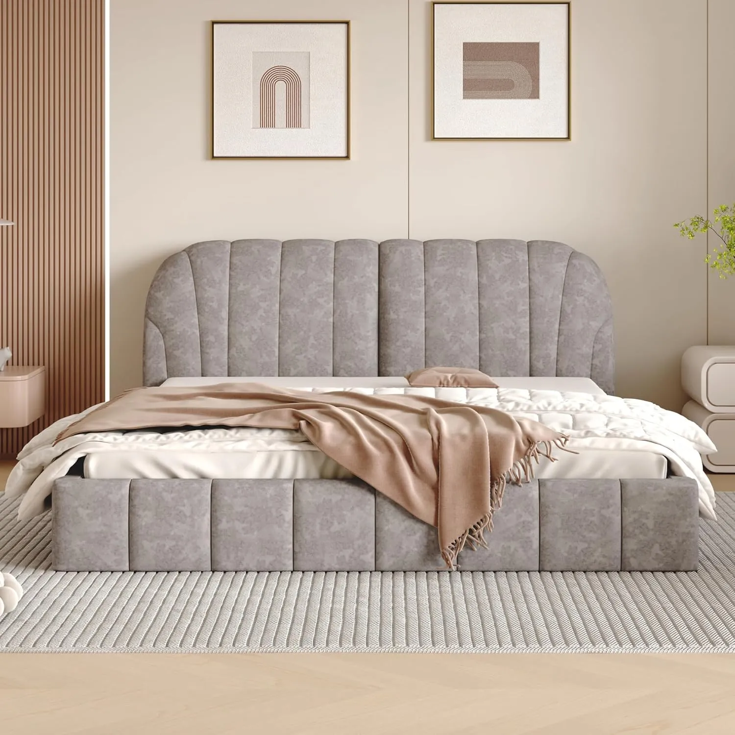Merax Queen Size Upholstered Platform Bed with Headboard, Wooden Slats and Stylish Curve-Shaped Design