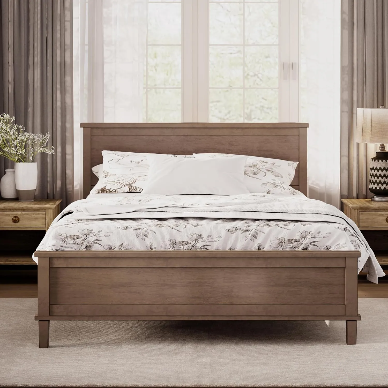 Merax Queen Size Wooden Platform Bed, Mid Century Modern Bed Frame with Tall Headboard and Footboard, Solid Wood Slats Support, No Box Spring Needed, Easy Assembly, Brown