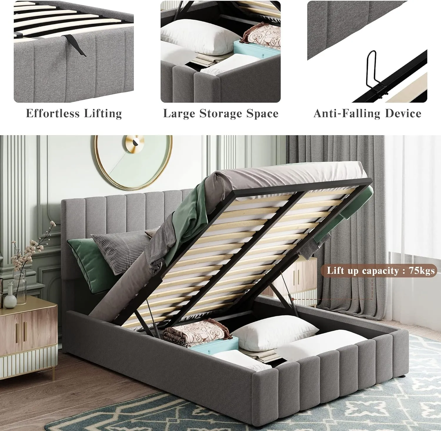 Merax Upholstered Queen beds Gas Lift Up Storage Platform Bed Frame with Tufted Headboard Wooden Slat Support and Under Storage,Grey
