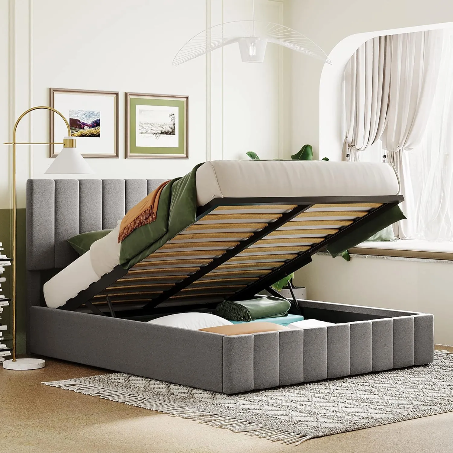 Merax Upholstered Queen beds Gas Lift Up Storage Platform Bed Frame with Tufted Headboard Wooden Slat Support and Under Storage,Grey