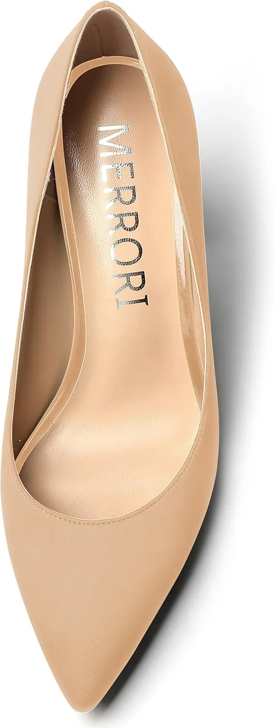 MERRORI Women's Dress Satin Pointed Toe Slip On Elegant Evening Chunky High Heel Pumps Shoes 3.3 Inch