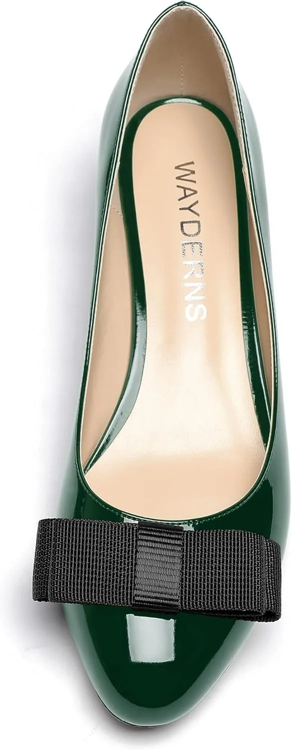 MERRORI Women's Round Toe Patent Slip On Dress Shoes Bow Wedge Low Heel Pumps Shoes 2 Inch