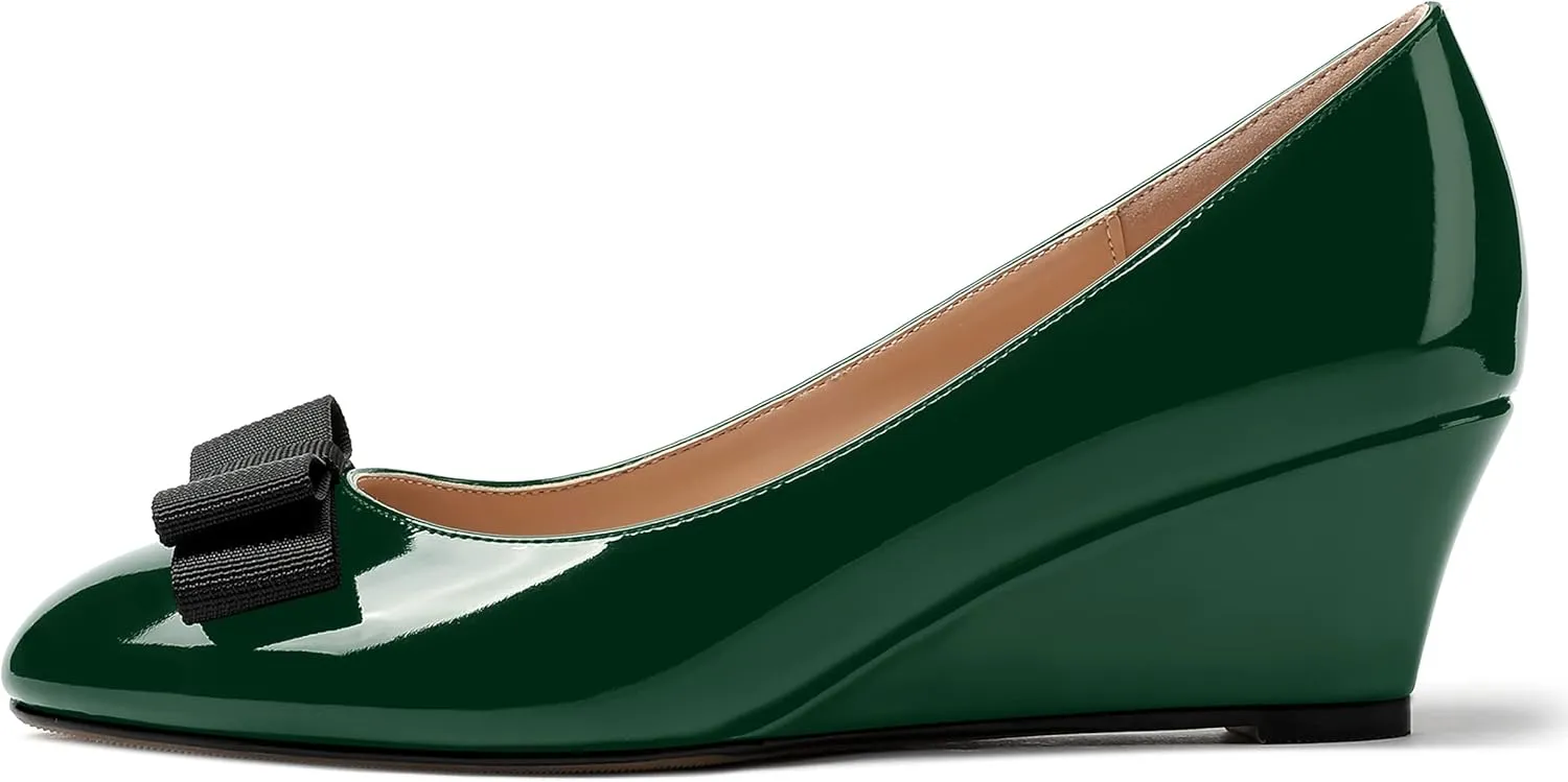 MERRORI Women's Round Toe Patent Slip On Dress Shoes Bow Wedge Low Heel Pumps Shoes 2 Inch