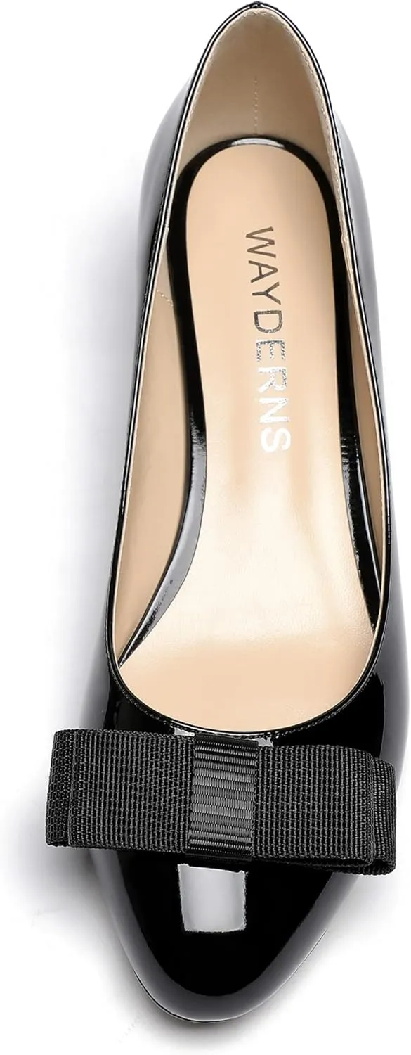 MERRORI Women's Round Toe Patent Slip On Dress Shoes Bow Wedge Low Heel Pumps Shoes 2 Inch