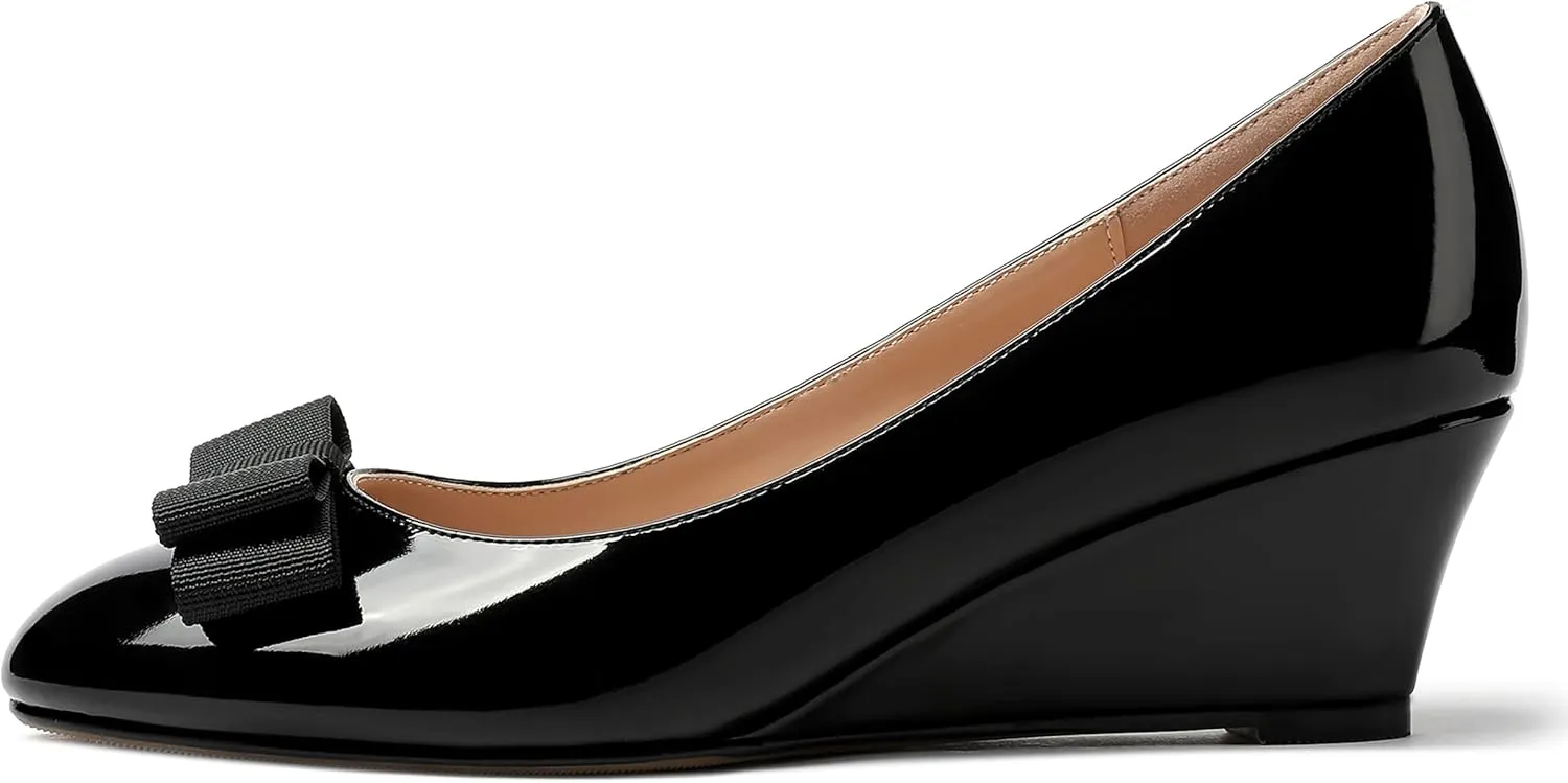 MERRORI Women's Round Toe Patent Slip On Dress Shoes Bow Wedge Low Heel Pumps Shoes 2 Inch
