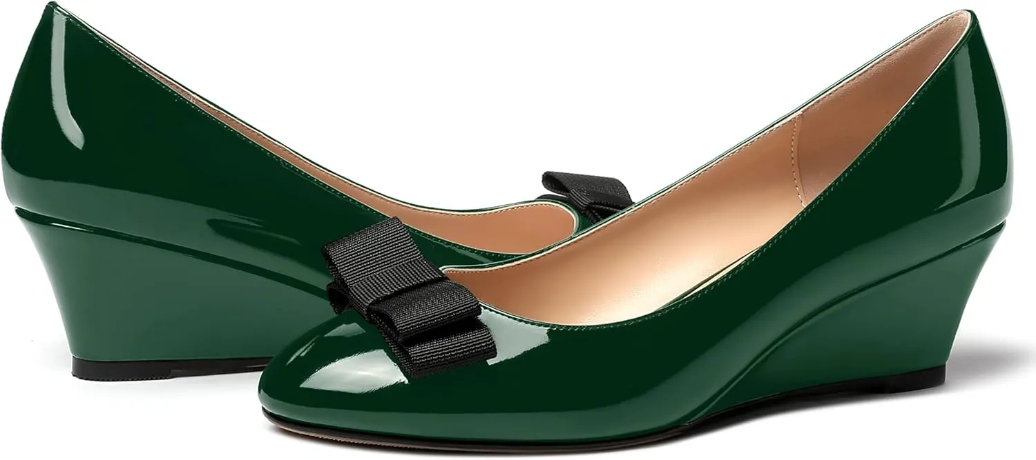 MERRORI Women's Round Toe Patent Slip On Dress Shoes Bow Wedge Low Heel Pumps Shoes 2 Inch