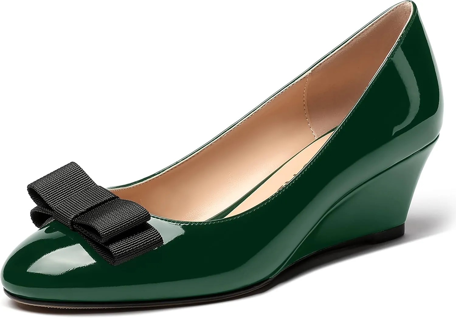 MERRORI Women's Round Toe Patent Slip On Dress Shoes Bow Wedge Low Heel Pumps Shoes 2 Inch