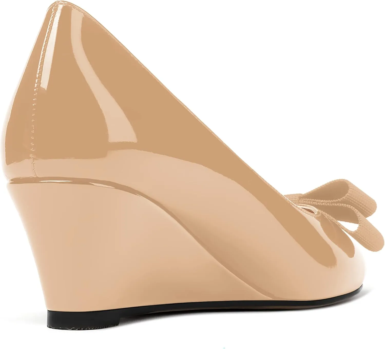 MERRORI Women's Round Toe Patent Slip On Dress Shoes Bow Wedge Low Heel Pumps Shoes 2 Inch