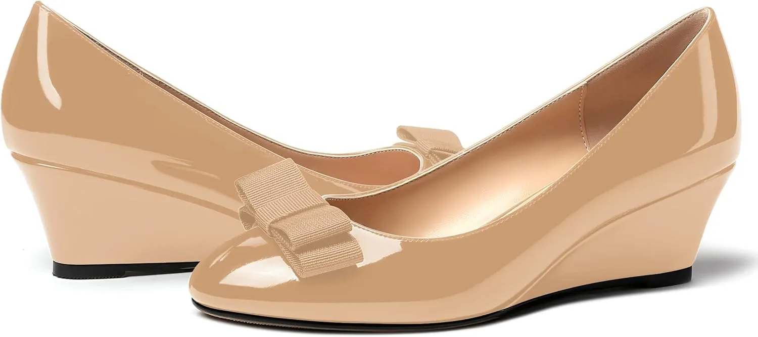 MERRORI Women's Round Toe Patent Slip On Dress Shoes Bow Wedge Low Heel Pumps Shoes 2 Inch