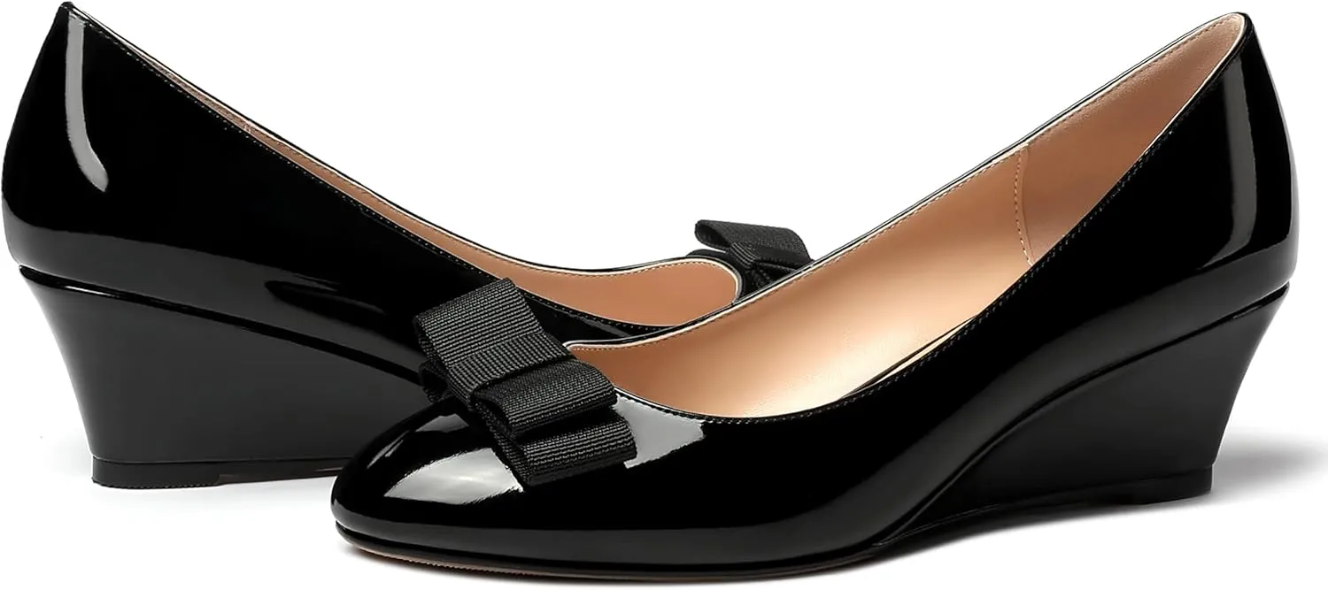 MERRORI Women's Round Toe Patent Slip On Dress Shoes Bow Wedge Low Heel Pumps Shoes 2 Inch