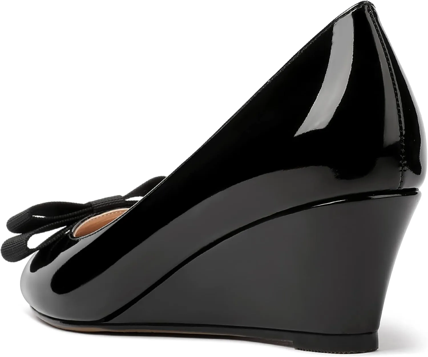 MERRORI Women's Round Toe Patent Slip On Dress Shoes Bow Wedge Low Heel Pumps Shoes 2 Inch