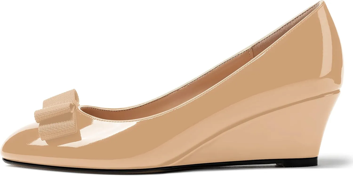 MERRORI Women's Round Toe Patent Slip On Dress Shoes Bow Wedge Low Heel Pumps Shoes 2 Inch