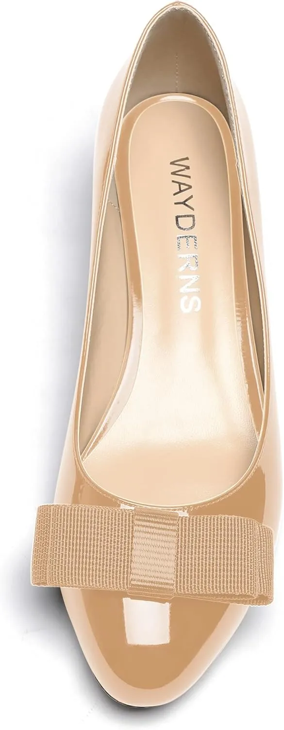 MERRORI Women's Round Toe Patent Slip On Dress Shoes Bow Wedge Low Heel Pumps Shoes 2 Inch