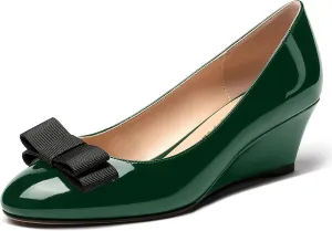 MERRORI Women's Round Toe Patent Slip On Dress Shoes Bow Wedge Low Heel Pumps Shoes 2 Inch