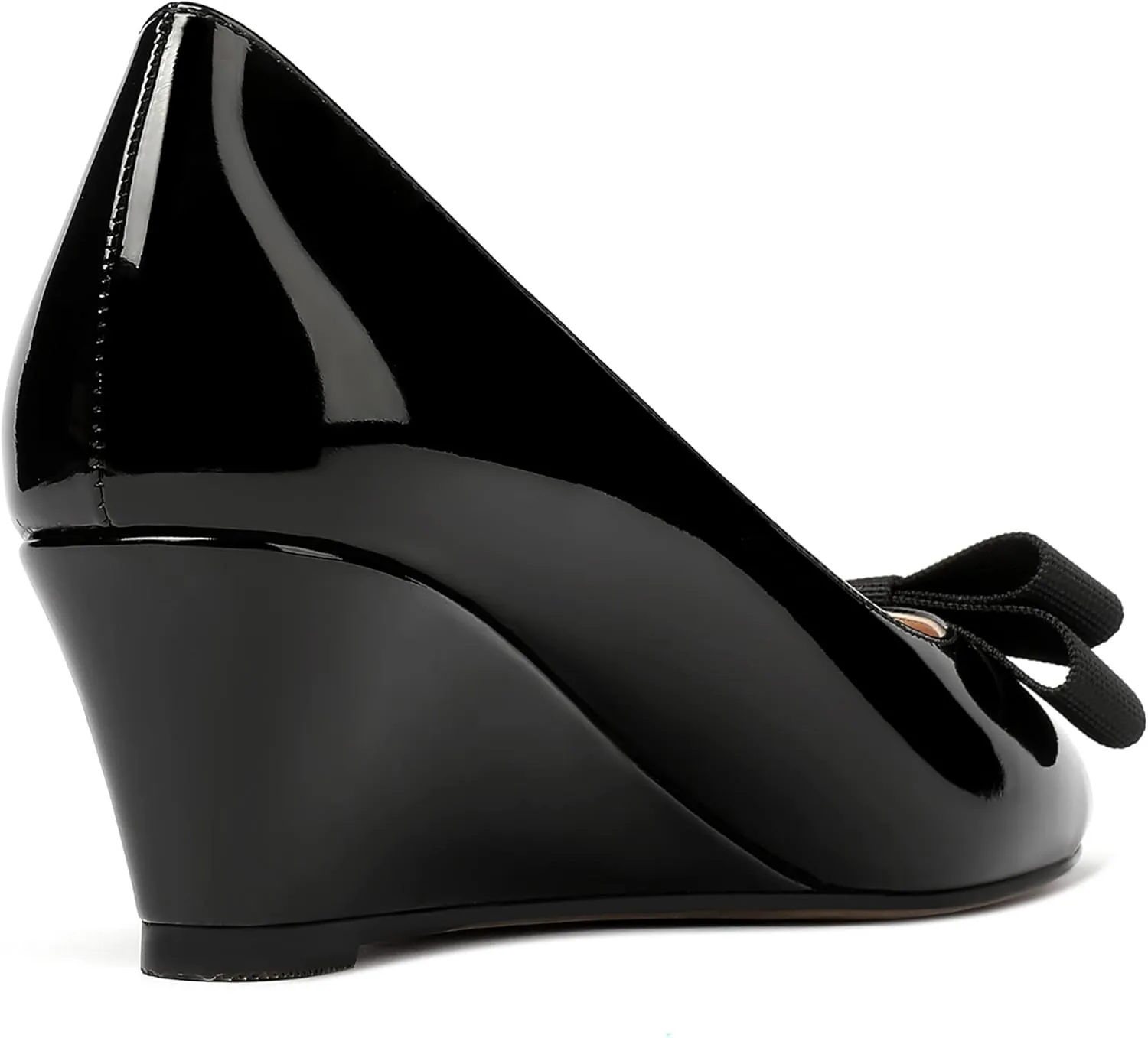 MERRORI Women's Round Toe Patent Slip On Dress Shoes Bow Wedge Low Heel Pumps Shoes 2 Inch