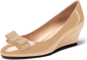 MERRORI Women's Round Toe Patent Slip On Dress Shoes Bow Wedge Low Heel Pumps Shoes 2 Inch